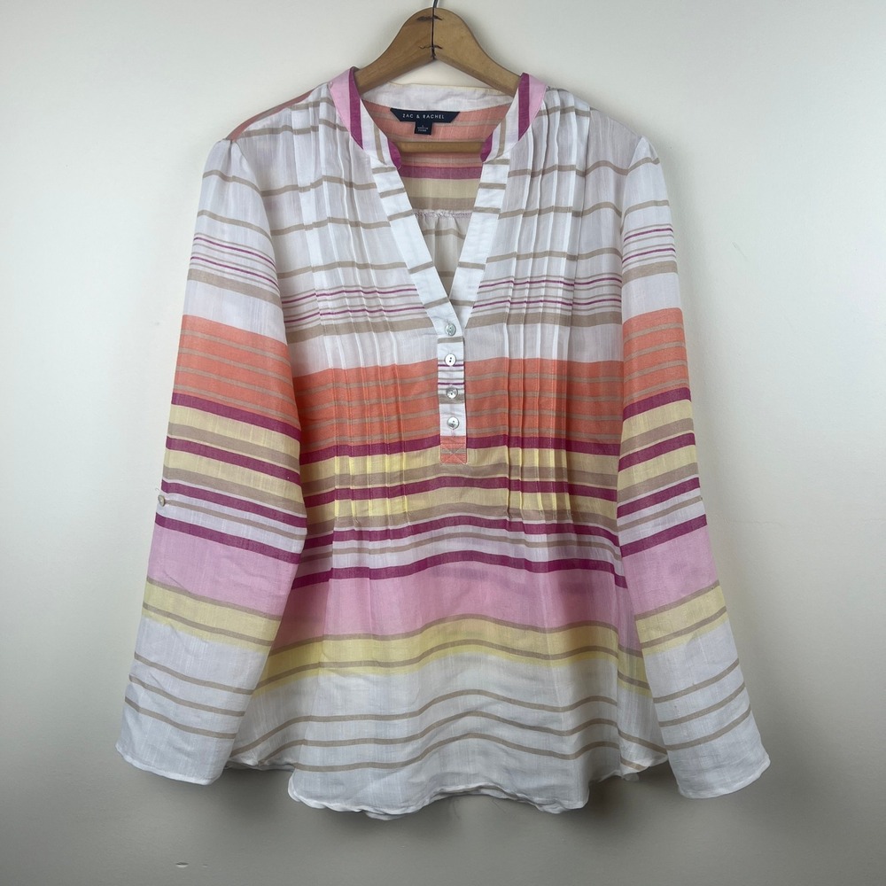 Zac & Rachel Striped Pintuck Tunic Blouse Pink Orange Yellow Roll Tab Large